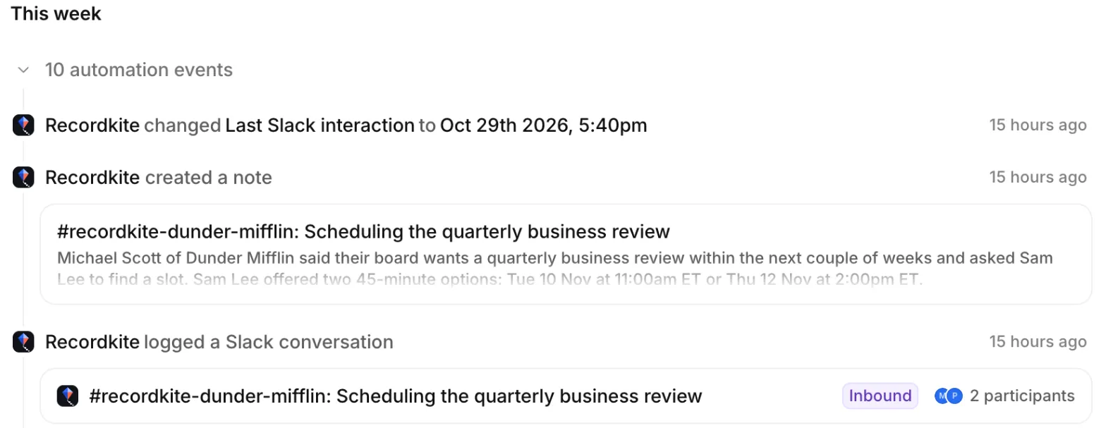 The Activity tab on the Dunder Mifflin Paper company in Attio, showing Recordkite changing Last Slack interaction, creating a note and logging a Slack conversation marked Inbound with 2 participants
