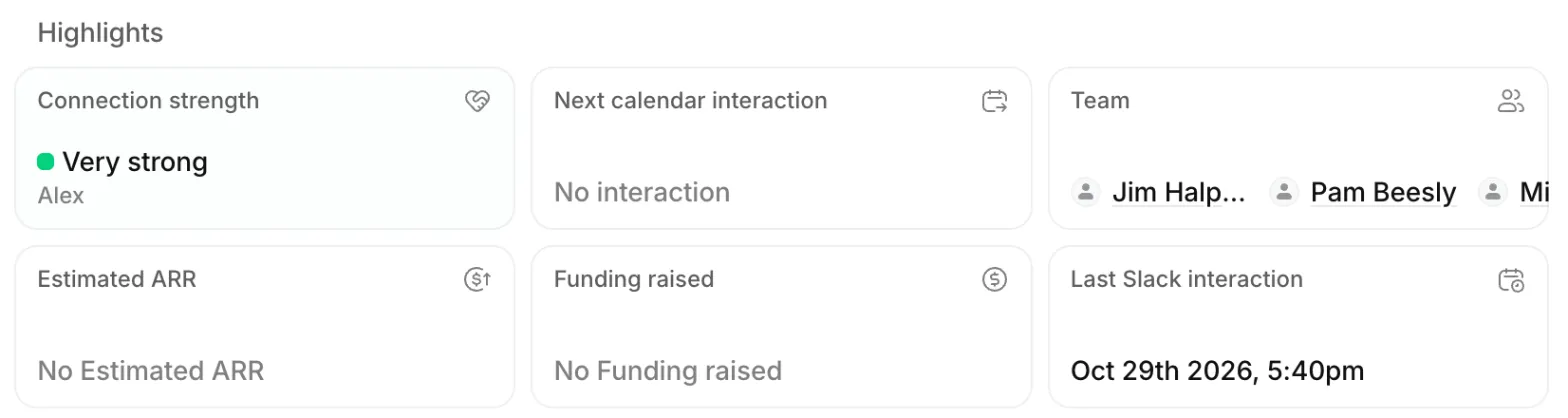 Highlights on a company record in Attio, including a Last Slack interaction card showing Oct 29th 2026, 5