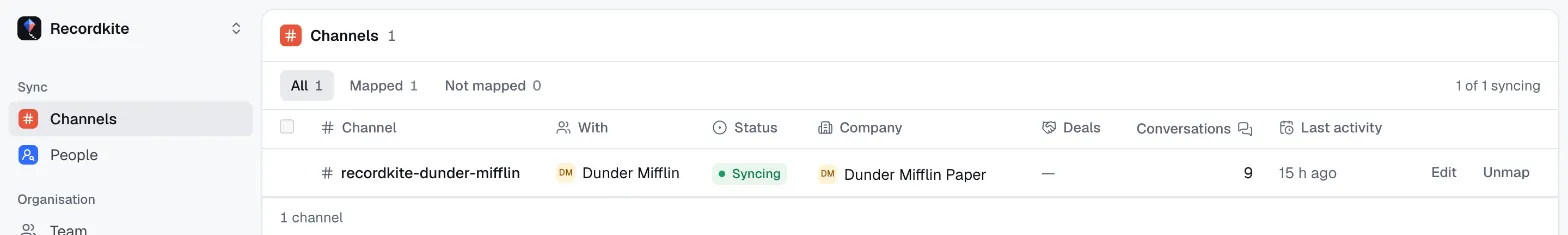 The Channels page, listing the recordkite-dunder-mifflin channel shared with Dunder Mifflin, mapped to the Dunder Mifflin Paper company and syncing, with 9 conversations