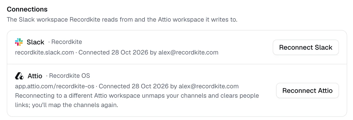 The Connections section in Settings, showing the Slack workspace and the Attio workspace with Reconnect Slack and Reconnect Attio buttons