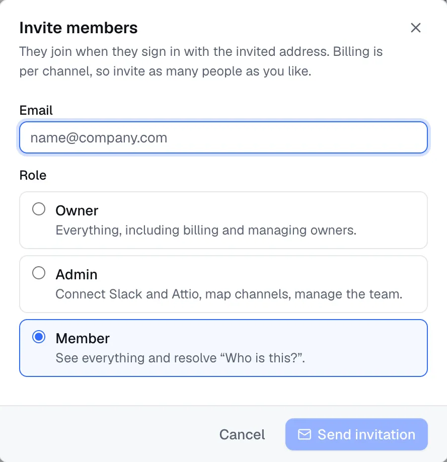 The Invite members dialog, with an email field and a choice of Owner, Admin or Member role
