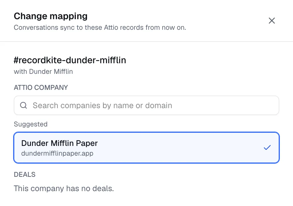 The mapping panel for #recordkite-dunder-mifflin, with Dunder Mifflin Paper suggested as the Attio company