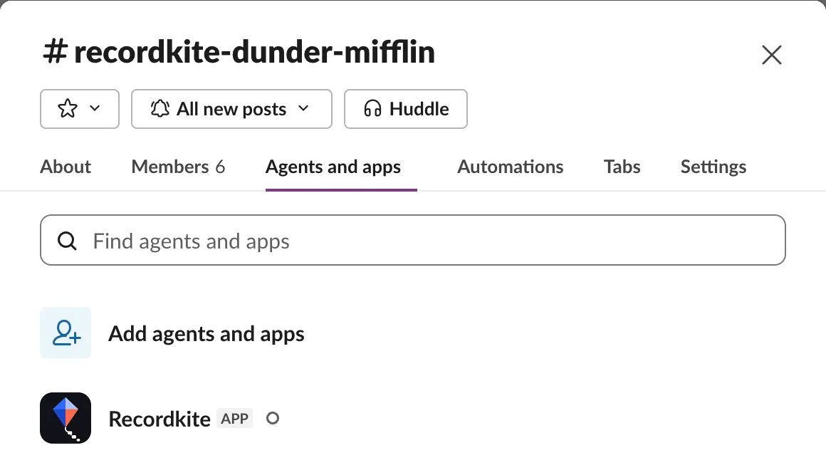 The Agents and apps tab in a Slack channel’s details, showing the Recordkite app added to the channel