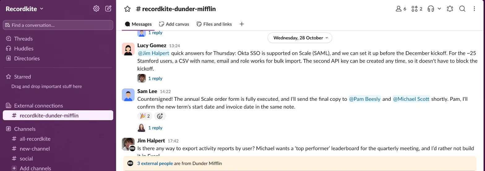 A Slack Connect channel, #recordkite-dunder-mifflin, with messages from Lucy Gomez, Sam Lee and Jim Halpert, and a banner saying 3 external people are from Dunder Mifflin